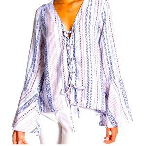 Vintage Havana NWOT Lace up top Blue dramatic fluted sleeve top blouse‎ Medium